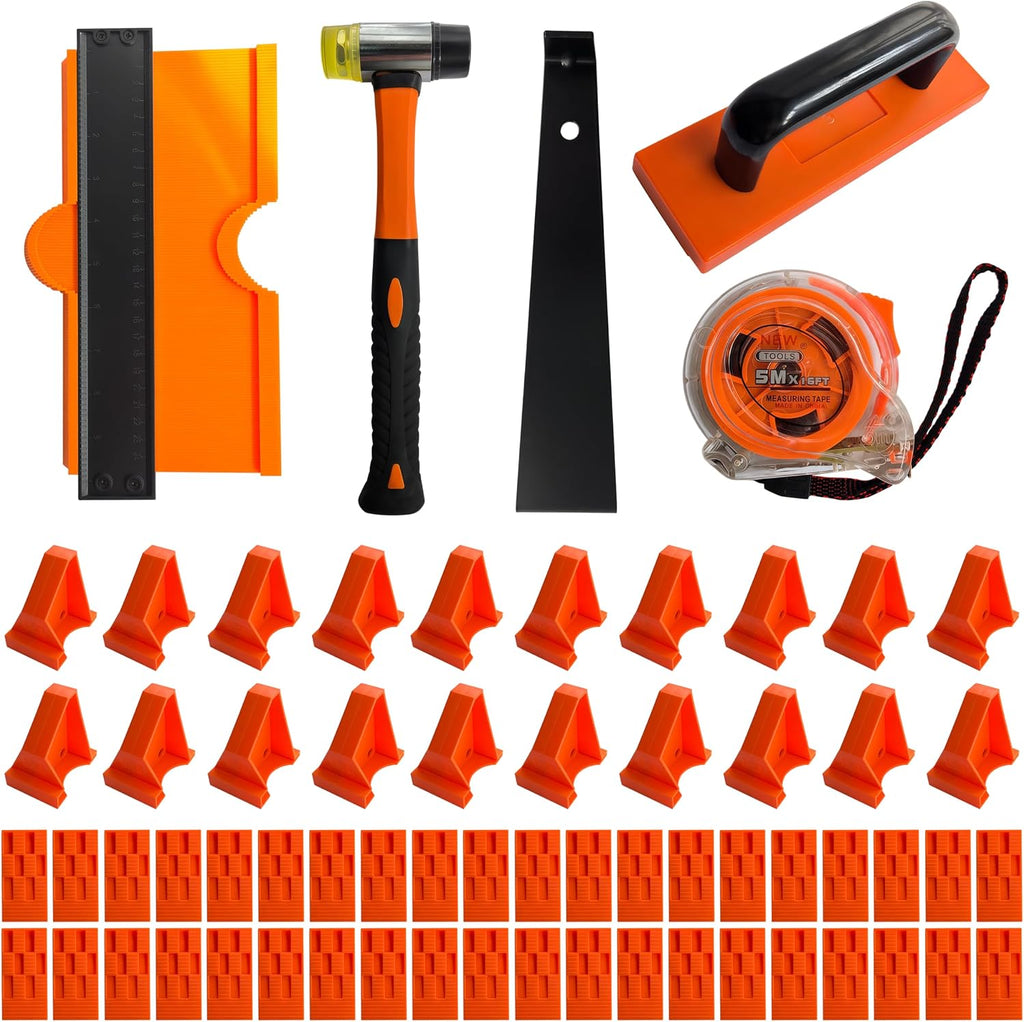 Laminate Flooring Tools, 65-Piece Wood Flooring Installation Kit with Double-Faced Rubber Mallet, 10” Contour Gauge