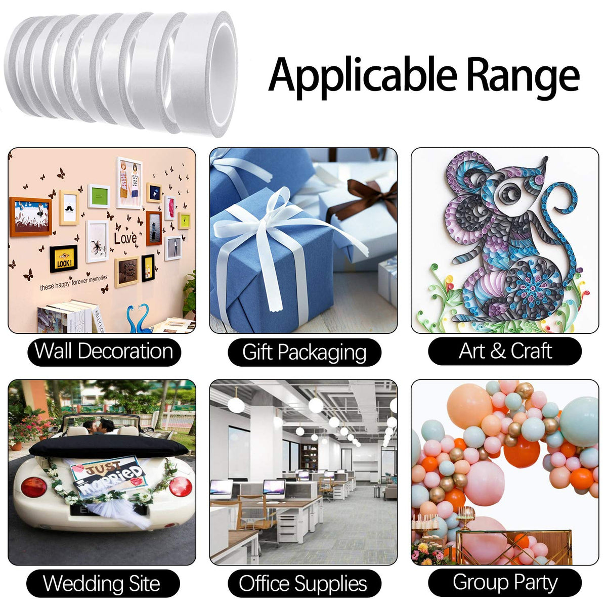 Double-Sided Tape, 6mm Width, 8 Rolls Tear-by-Hand Tape