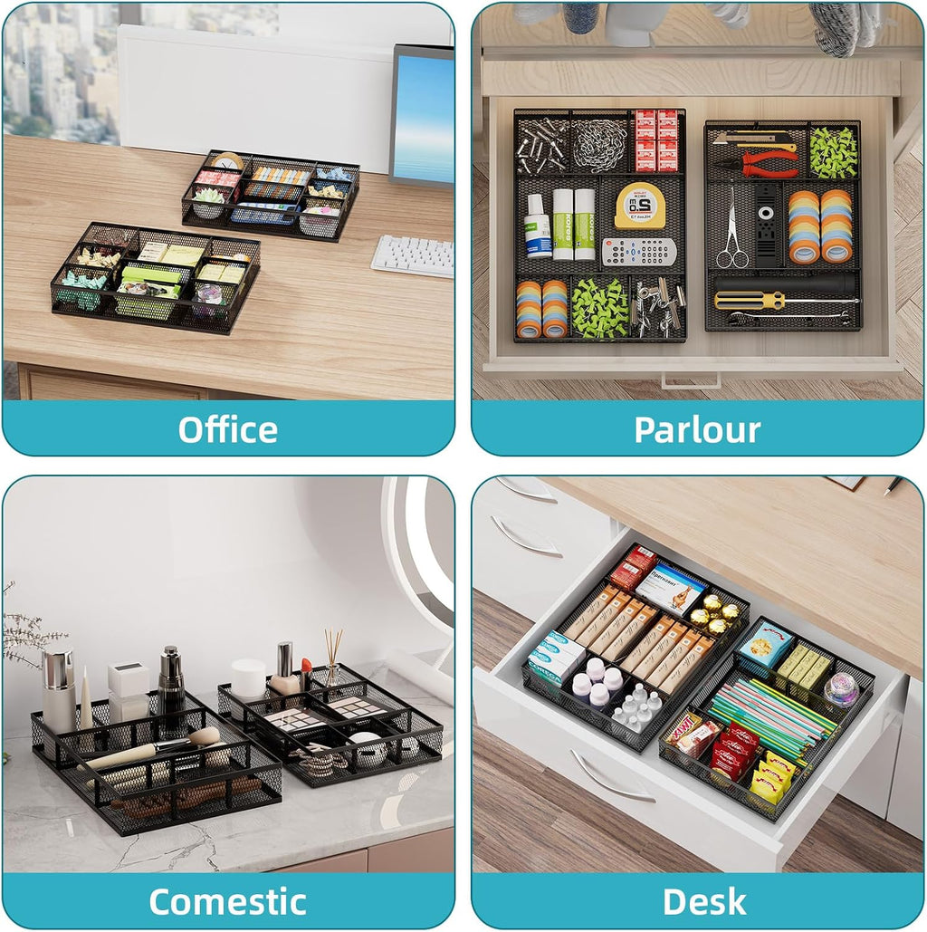 2 Pack Desk Drawer Organizer, Mesh Drawer Organizer Tray with 8 Adjustable Compartments, Desk Organizers and