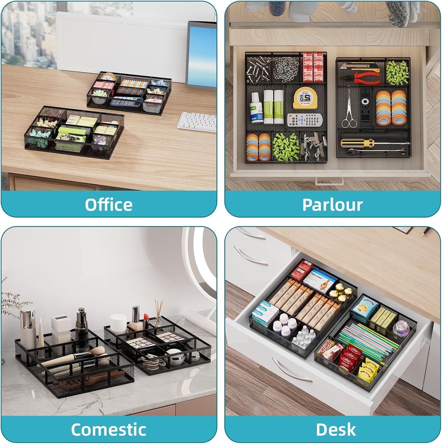 2 Pack Desk Drawer Organizer, Mesh Drawer Organizer Tray with 8 Adjustable Compartments, Desk Organizers and