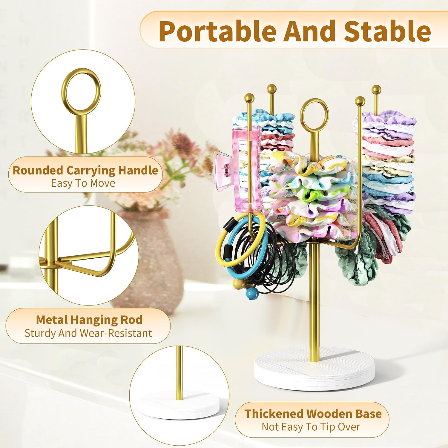 Scrunchie Holder for Desktop, Claw Clip Organizer, Hair Tie Organizer, Gold | Wall Mounted Headband Holder for Women
