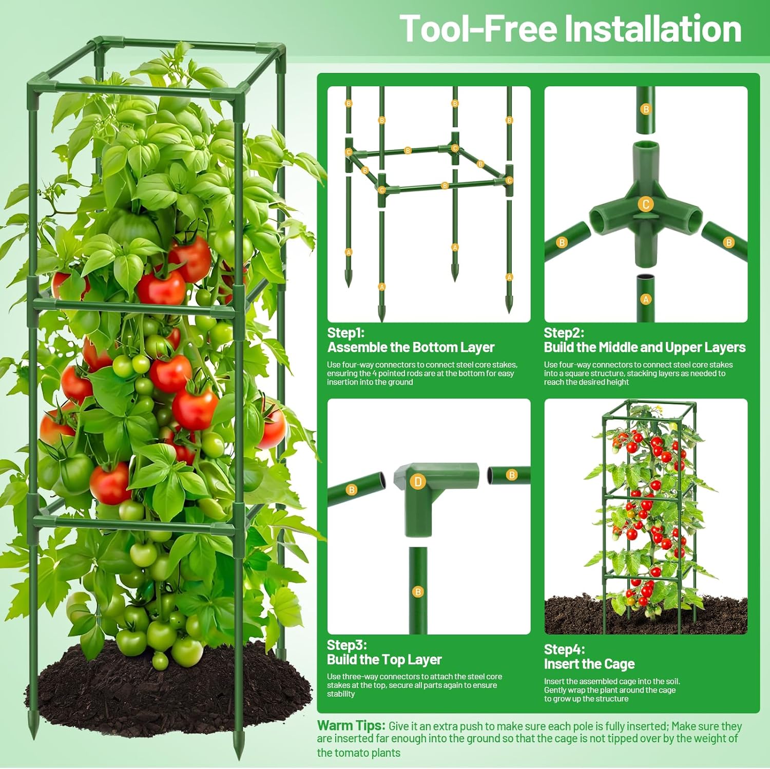 4 Pack Square Tomato Cages- 45 Inch Heavy Duty Tomato Trellis for Climbing Plants Outdoor, Tomato Plant Support