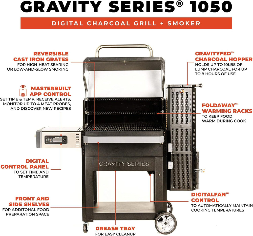 Gravity Series 1050 Smoker Grill - Digital Charcoal Combo Grill with Free App, 1,050 Cooking Square Inches in Black