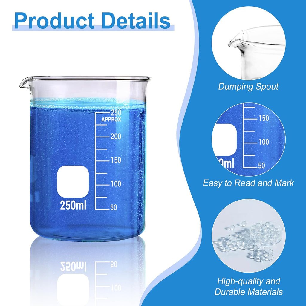 Glass Beakers Set, 5 Sizes - 10ml, 25ml, 50ml, 100ml, 250ml, 3.3 Borosilicate Beaker for Laboratories, Classrooms or