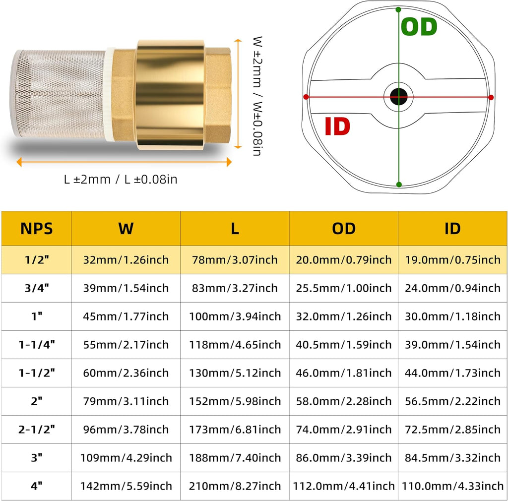 1/2" NPT Foot Valve with Filter, Brass, Heavy Duty, Female Thread, DN15