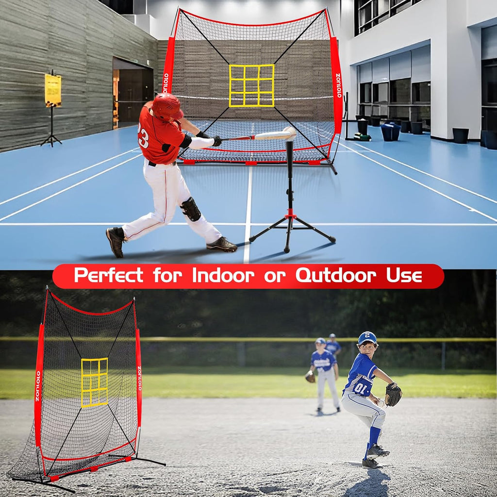 7x7 ft Baseball Net, Pitching & Batting Net with Batting Tee, Designed with Large Ball Collection System, 2 Strike