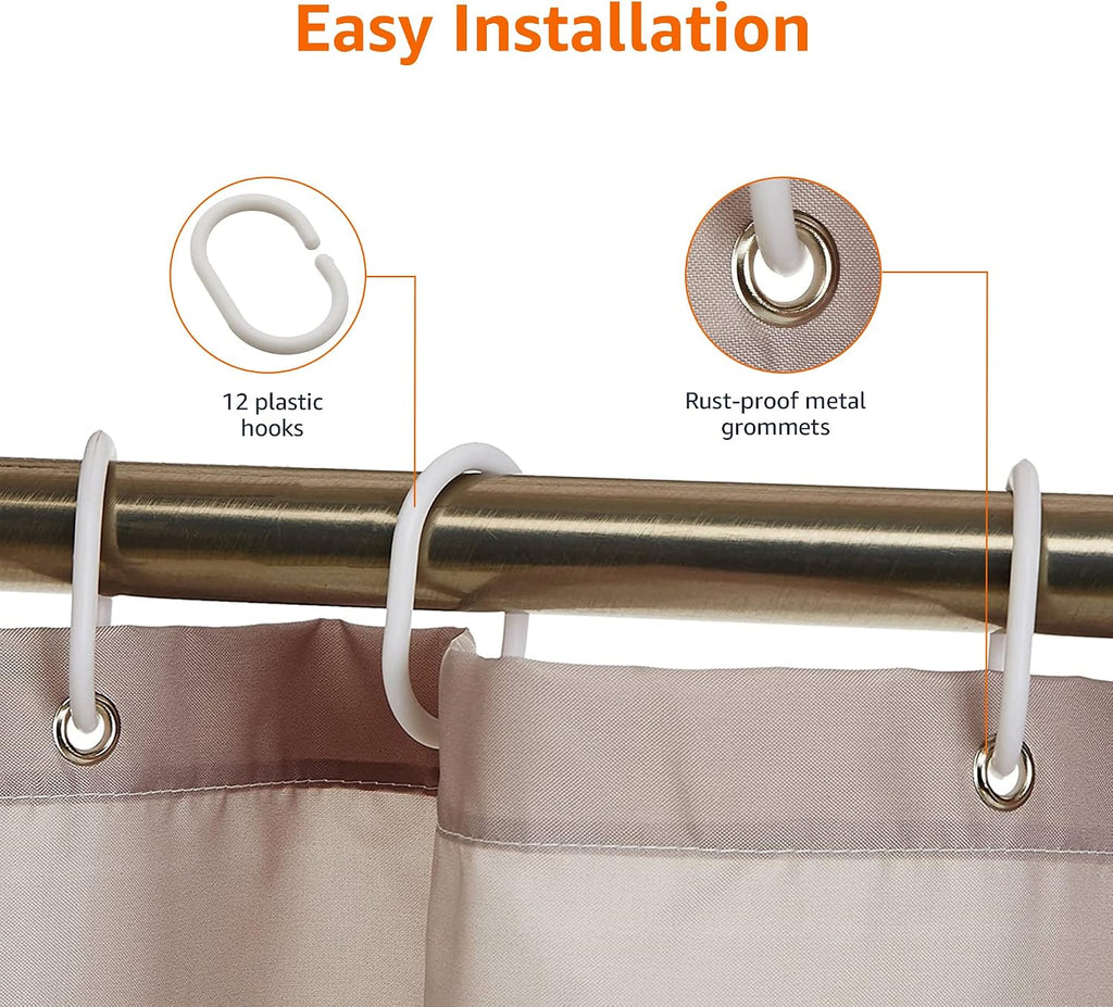 Bathroom Shower Curtain, Water Resistant Fabric with Rust Proof Grommets & Hooks, Weighted Hem, Machine Washable