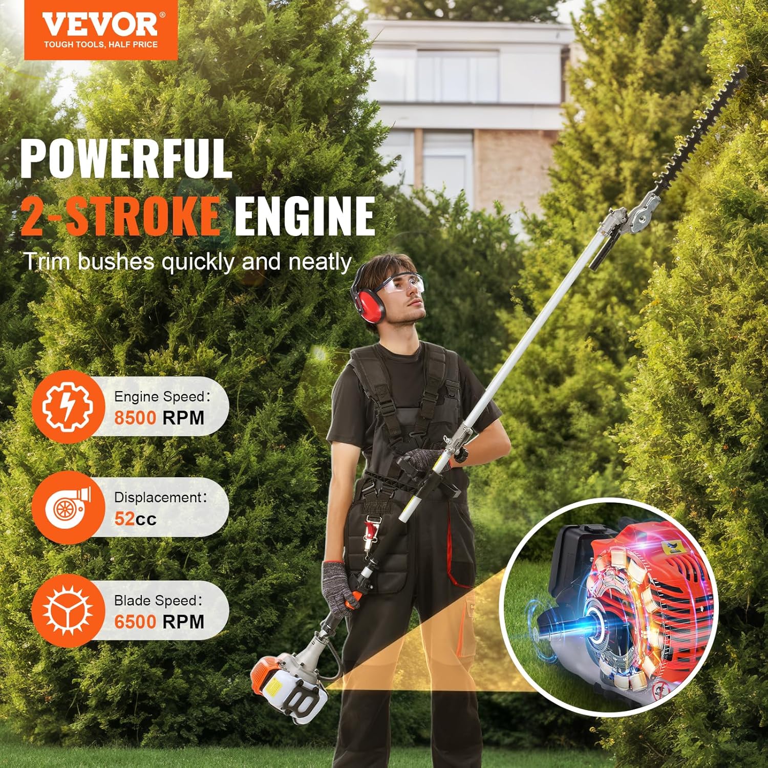 43cc 6-in-1 Multi-Functional Trimming Tool, Hedge Trimmer, Weed Eater, String Trimmer, Brush Cutter, Edger, Pole Saw