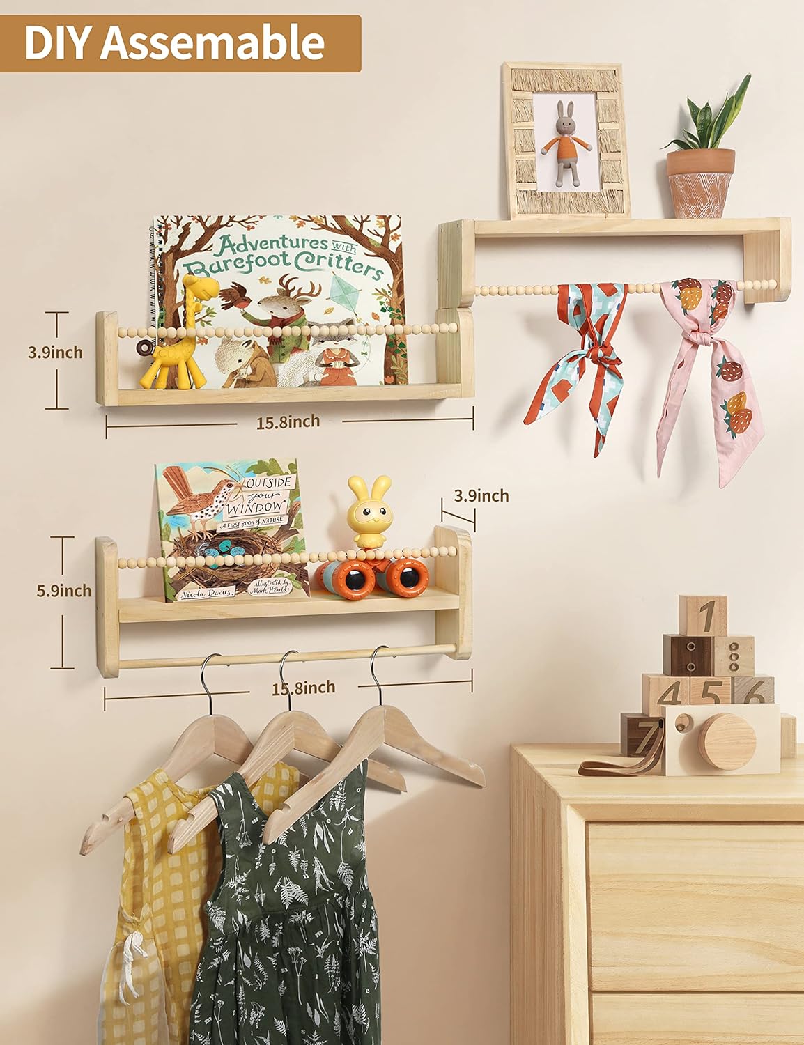 Nursery Floating Shelves for Wall, Set of 3 Book Shelves Natural Wood Wall Mounted Organizer with Towel Bar Hanging
