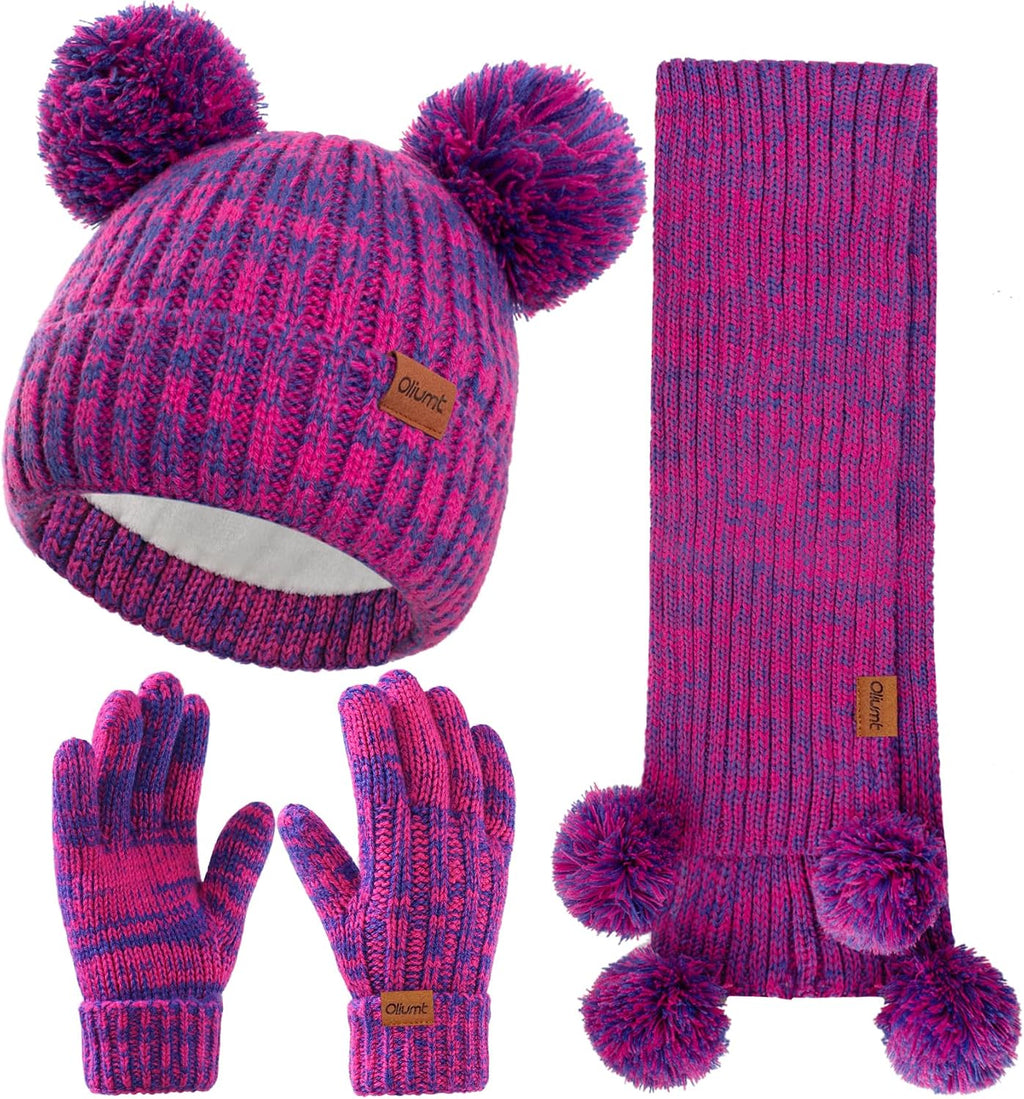 Kids Winter Hat Gloves Scarf Set, Knit Neck Warmer for Boys Girls Beanie & Mittens with 2 Sizes (2-8 & 9-15 Years)