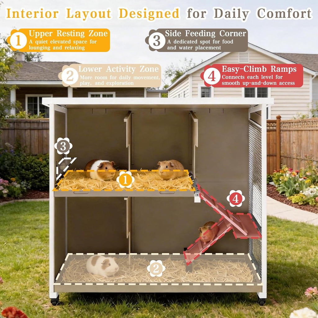 47" L Large Guinea Pig Cage with Wheels, Chew-Resistant Ramps | 2 Deep Pull-Out Trays, Hideout and 2-Story Layout for