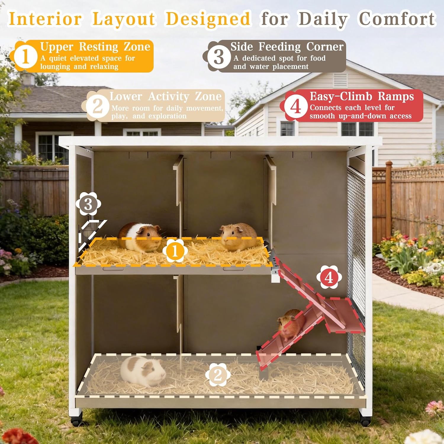 47" L Large Guinea Pig Cage with Wheels, Chew-Resistant Ramps | 2 Deep Pull-Out Trays, Hideout and 2-Story Layout for