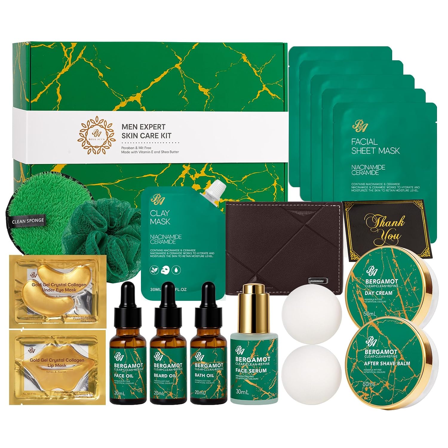 Men Bergamot Facial Skin Care Set, Fathers Day Gift, 21 Pcs Beard Grooming Kit, Bath and Body Gift Basket Set
