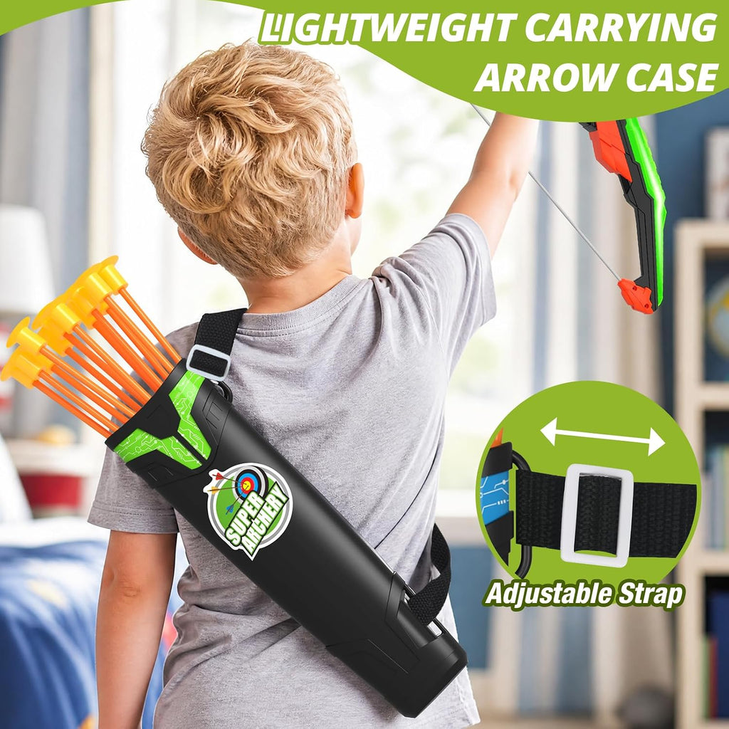 Bow and Arrow for Kids, LED Light Up Archery Set, Green | with 12 Suction Cup Arrows, 1 Standing Target, 3 Score