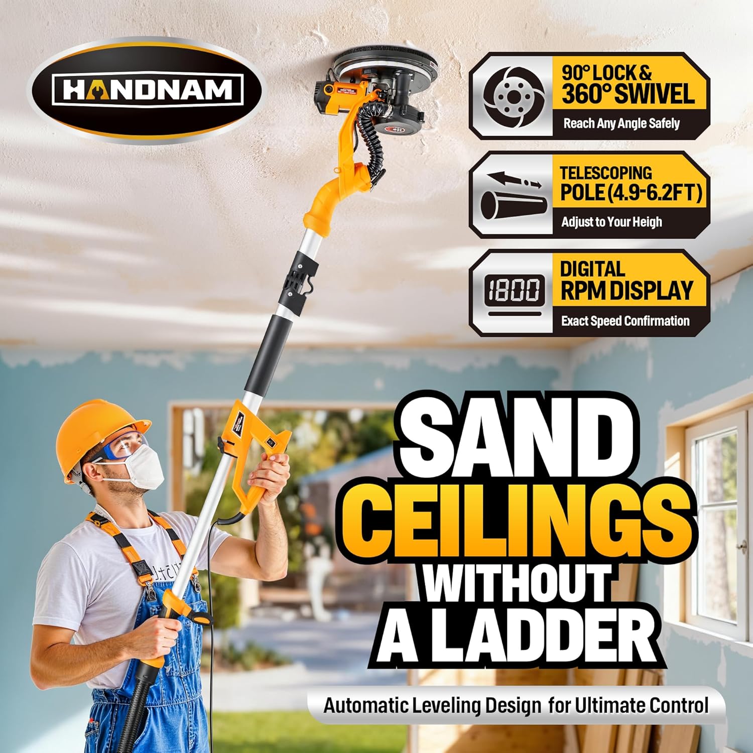 Electric Drywall Sander with Vacuum, 950W&99% Dust Collection for Ceiling | 26FT Power Cord, 9 Variable Speed