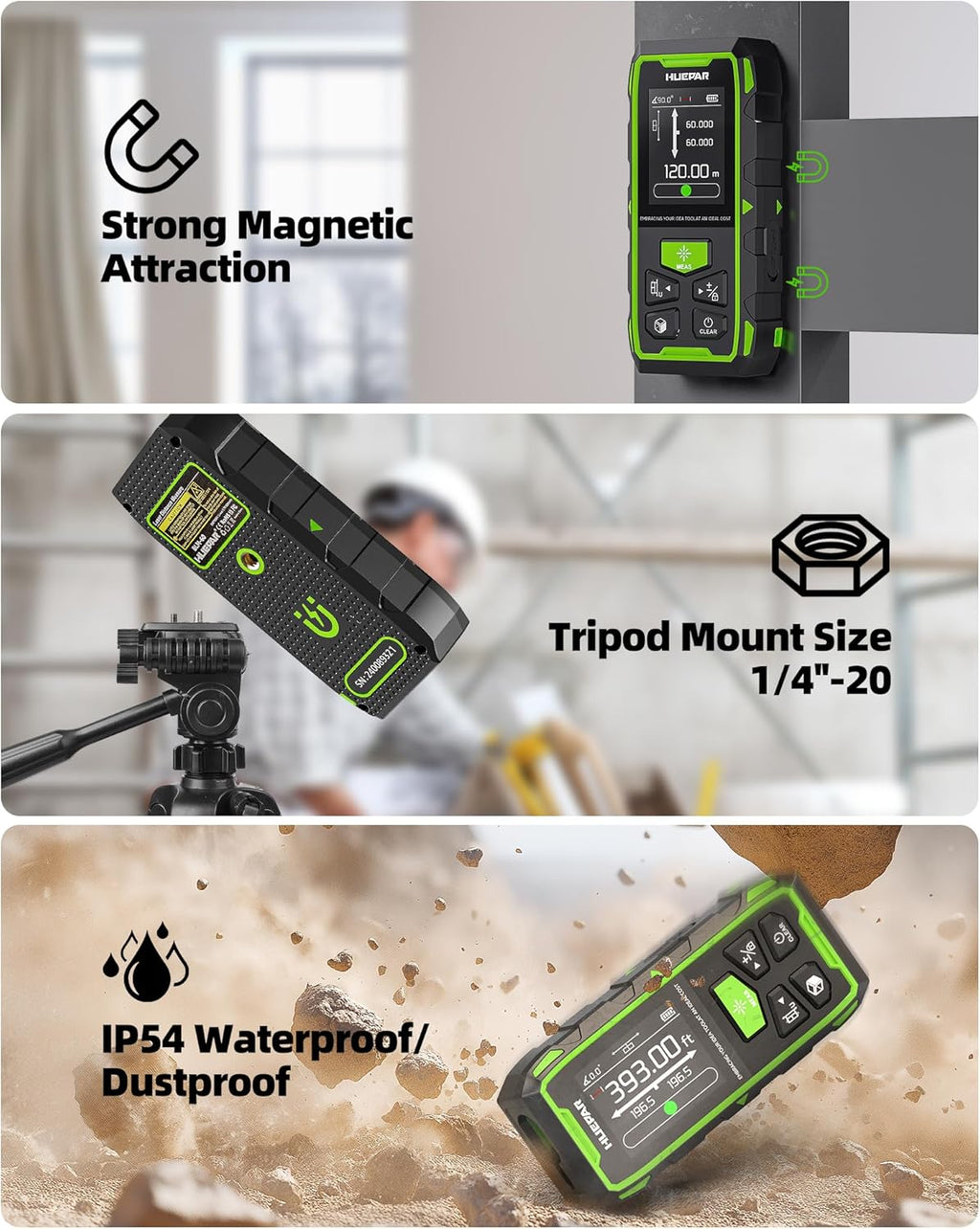 Professional Dual Laser Measuring Tool 393ft, 5 Years Warranty, Rechargeable Bilateral Laser Measurement Tool, Laser
