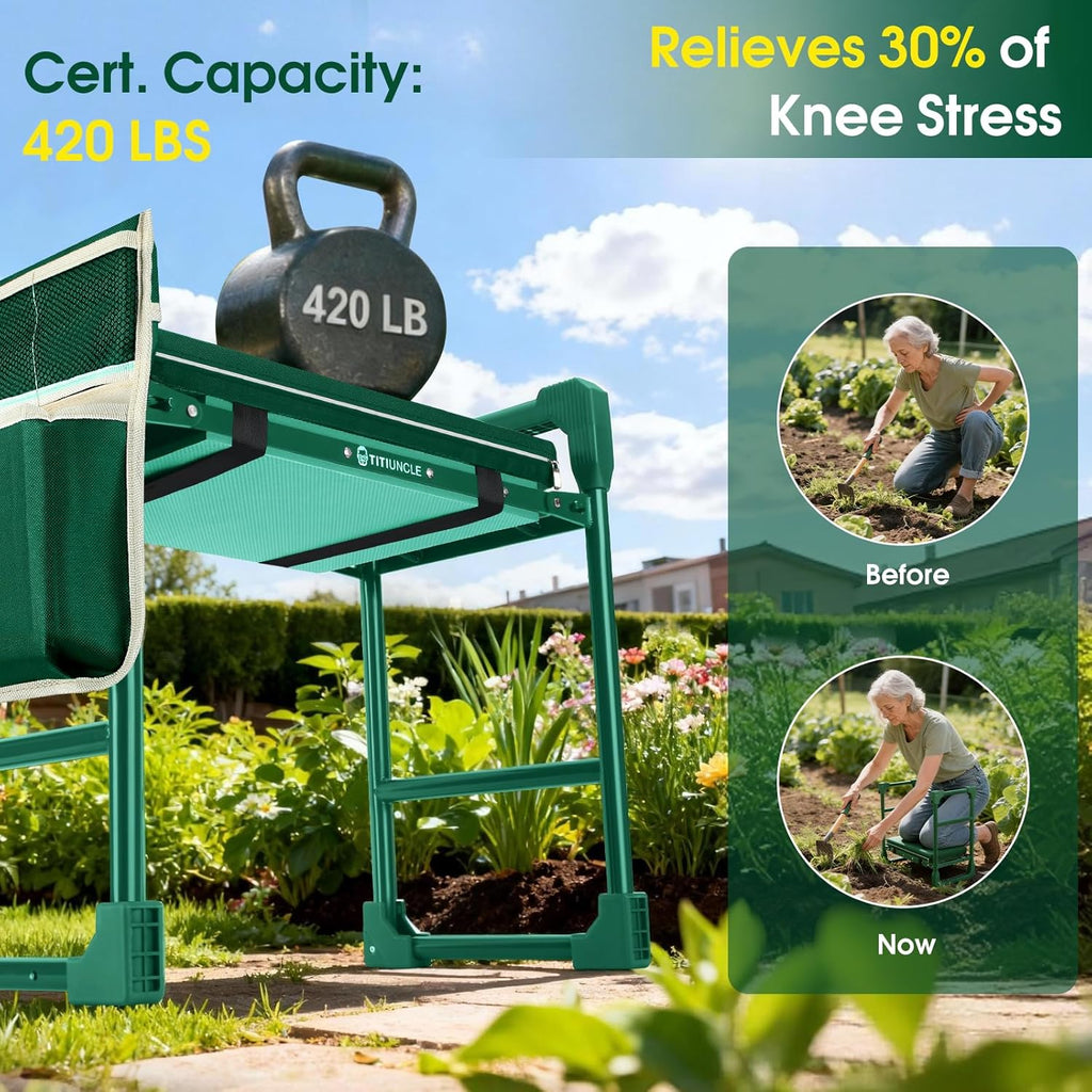 Garden Kneeler and Seat for Seniors: Heavy Duty 420 LBS Support Anti-Tip Multifunctional Gardening Stool Bench with