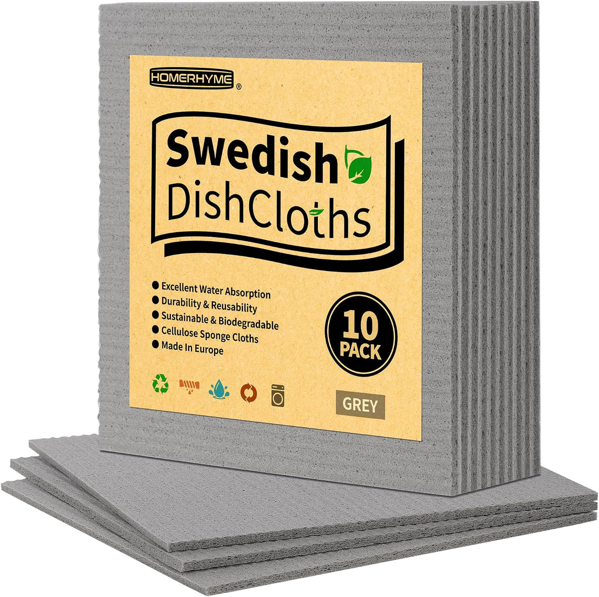 Swedish Dishcloths, 10 Pack Absorbent Dish Towels for Kitchen, Multipurpose Cellulose Sponge Cloths, Reusable