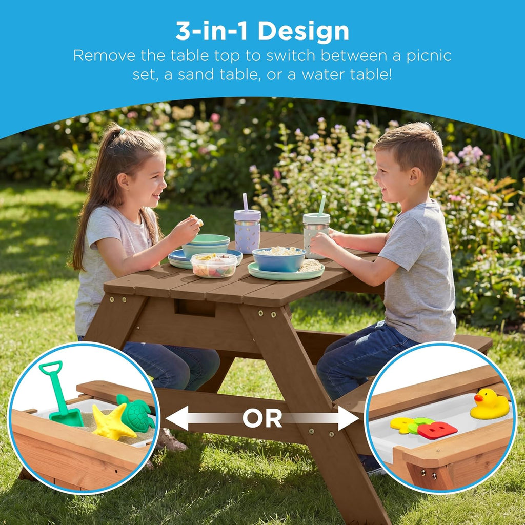 Kids Picnic Table with Umbrella, 3-in-1 Sand & Water Table, Outdoor Convertible Picnic Table for Toddlers, Seats 4