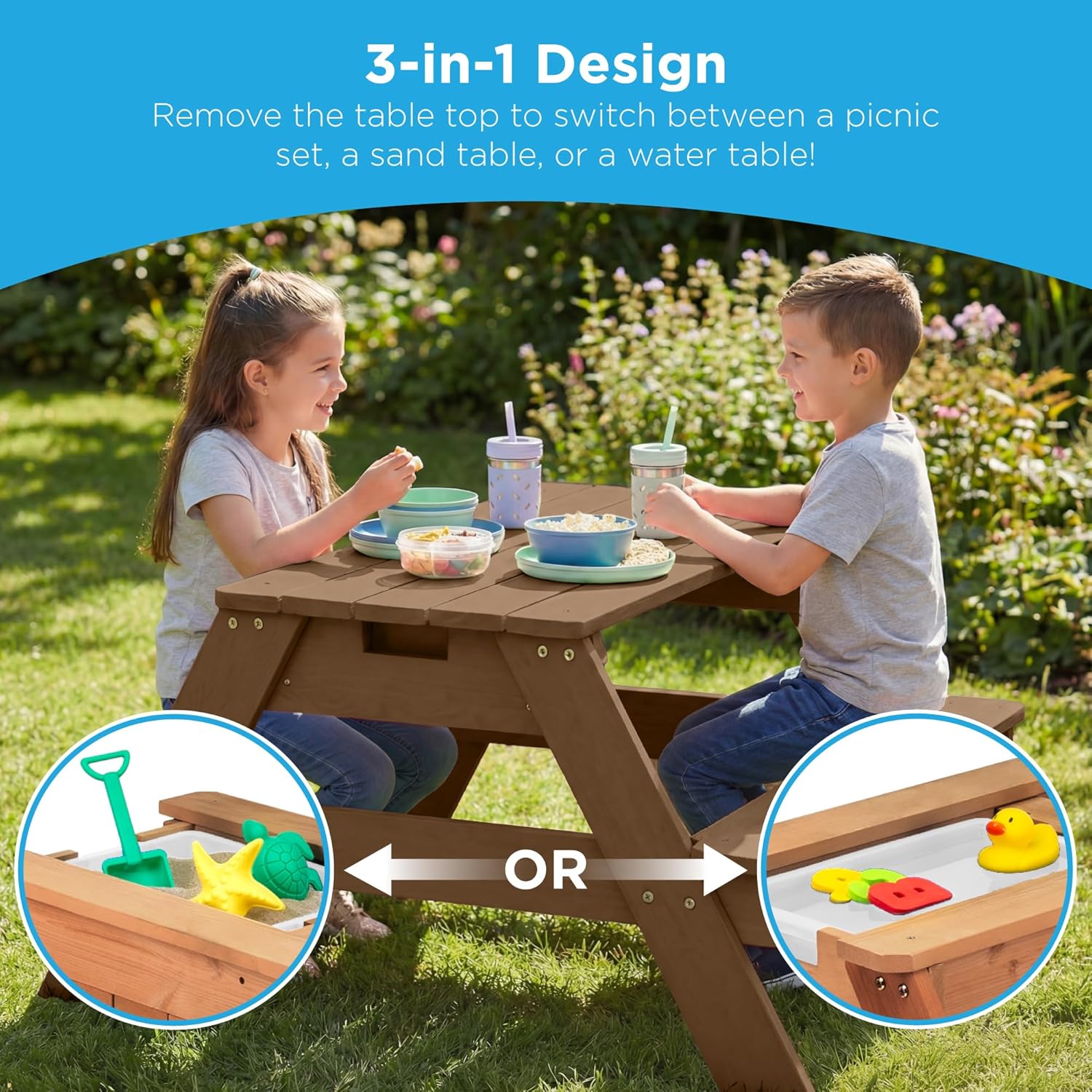 Kids Picnic Table with Umbrella, 3-in-1 Sand & Water Table, Outdoor Convertible Picnic Table for Toddlers, Seats 4