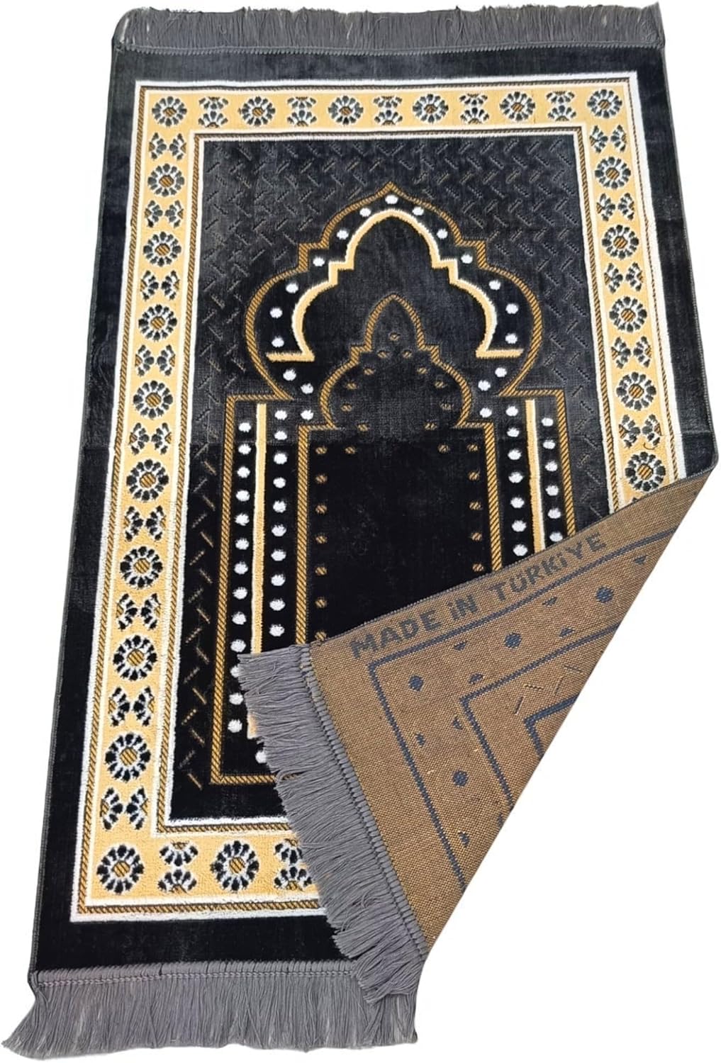 Turkish Muslim Prayer Rug, Mat with Beads for Men Women, Ramadan Hajj Gift (Gray)