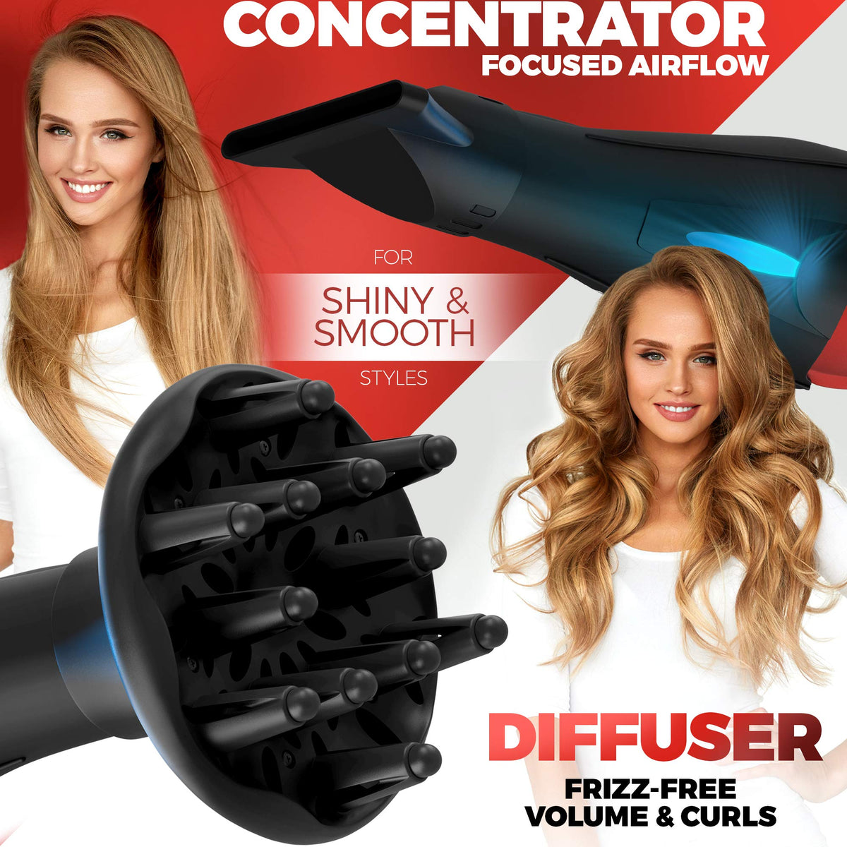 Professional Ionic Curly Hair Dryer with Diffuser, Black/Red