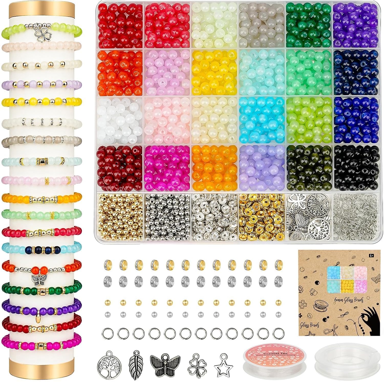 6mm Glass Beads Bracelet Making Kit 1400pcs, 24 Colors Crystal Beads for Jewelry Making Round Beads DIY Crafts with