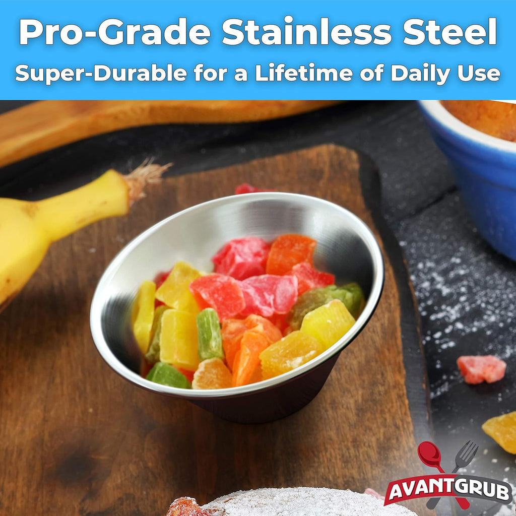 Pro-Grade Stainless Steel 1.5oz Sauce Cups 36 Pk. Reusable Stackable Metal Portion Containers for Sampling, Salad