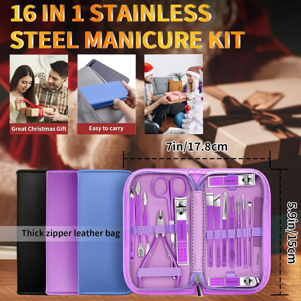 Manicure Set 16Pcs Professional Stainless Steel Pedicure Kit Mens Grooming Kit Fingernail & Toenail Clippers Set