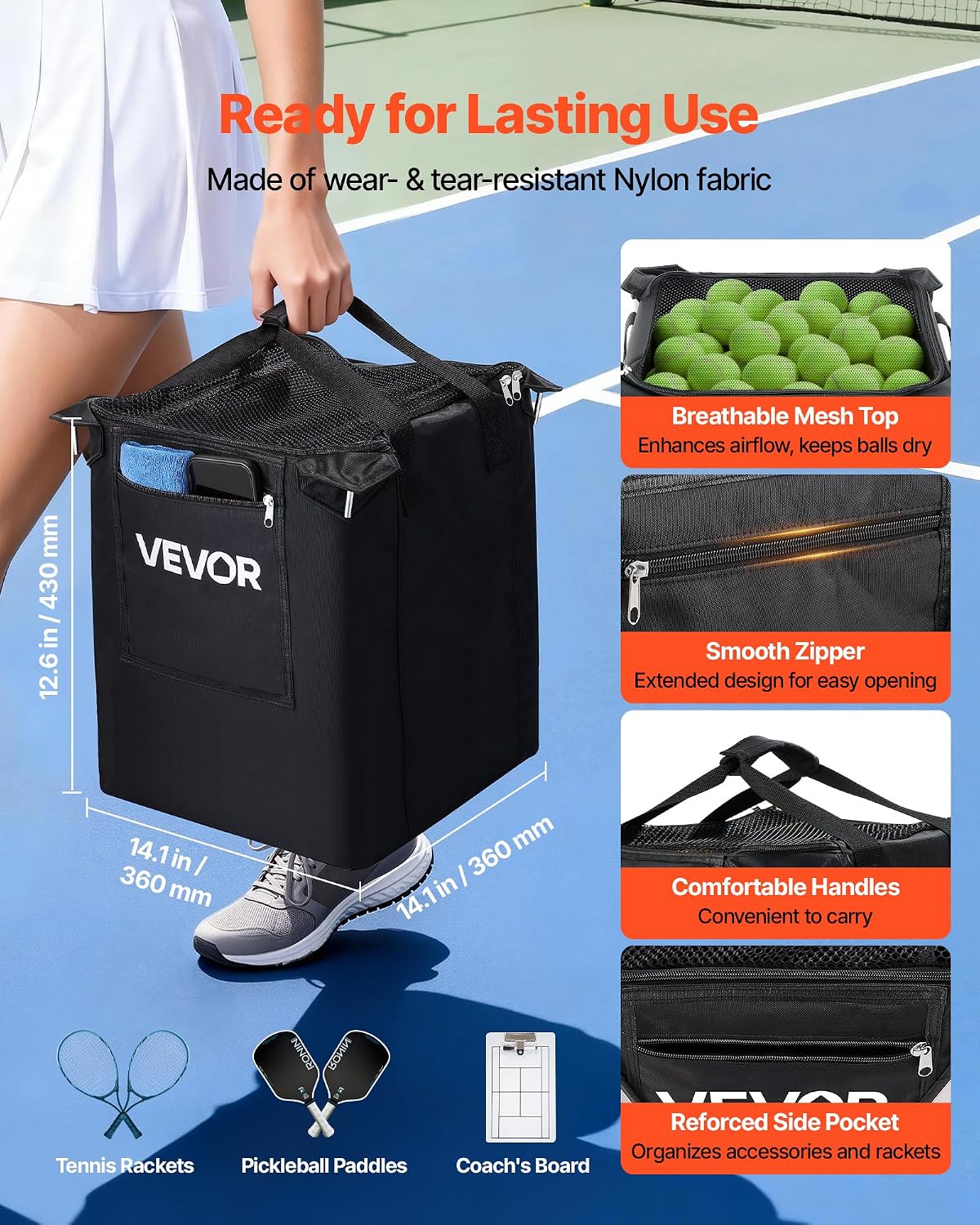 Tennis & Pickleball Hopper Holds 200/175/150/120 Balls, 3-in-1 Tennis Foldable Pickleball Basket Cart for Easy