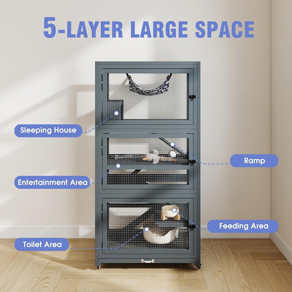 Ferret Nation Cage, 5 Level Chew Resistant Ramps House,Grey | critter nation cage Wooden Hamster Cage Chinchilla Cage