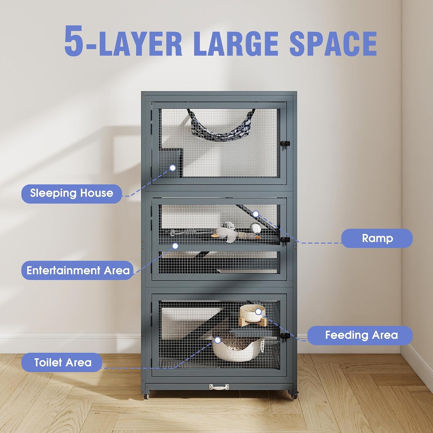 Ferret Nation Cage, 5 Level Chew Resistant Ramps House,Grey | critter nation cage Wooden Hamster Cage Chinchilla Cage