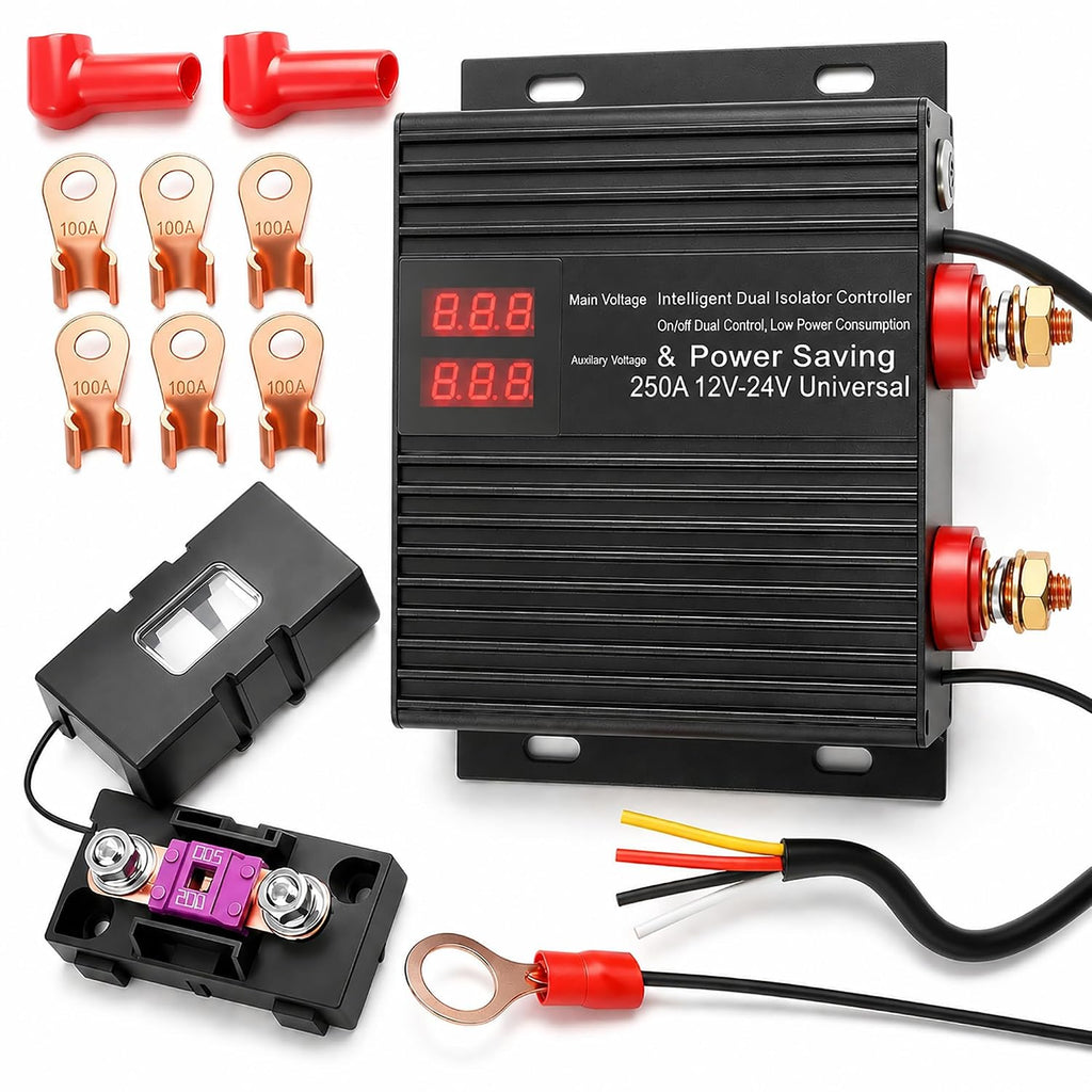 250 AMP Dual Battery Smart Isolator 12V 24V Universal Smart VSR | Voltage Sensitive Relay for Marine RV UTV Car Boat