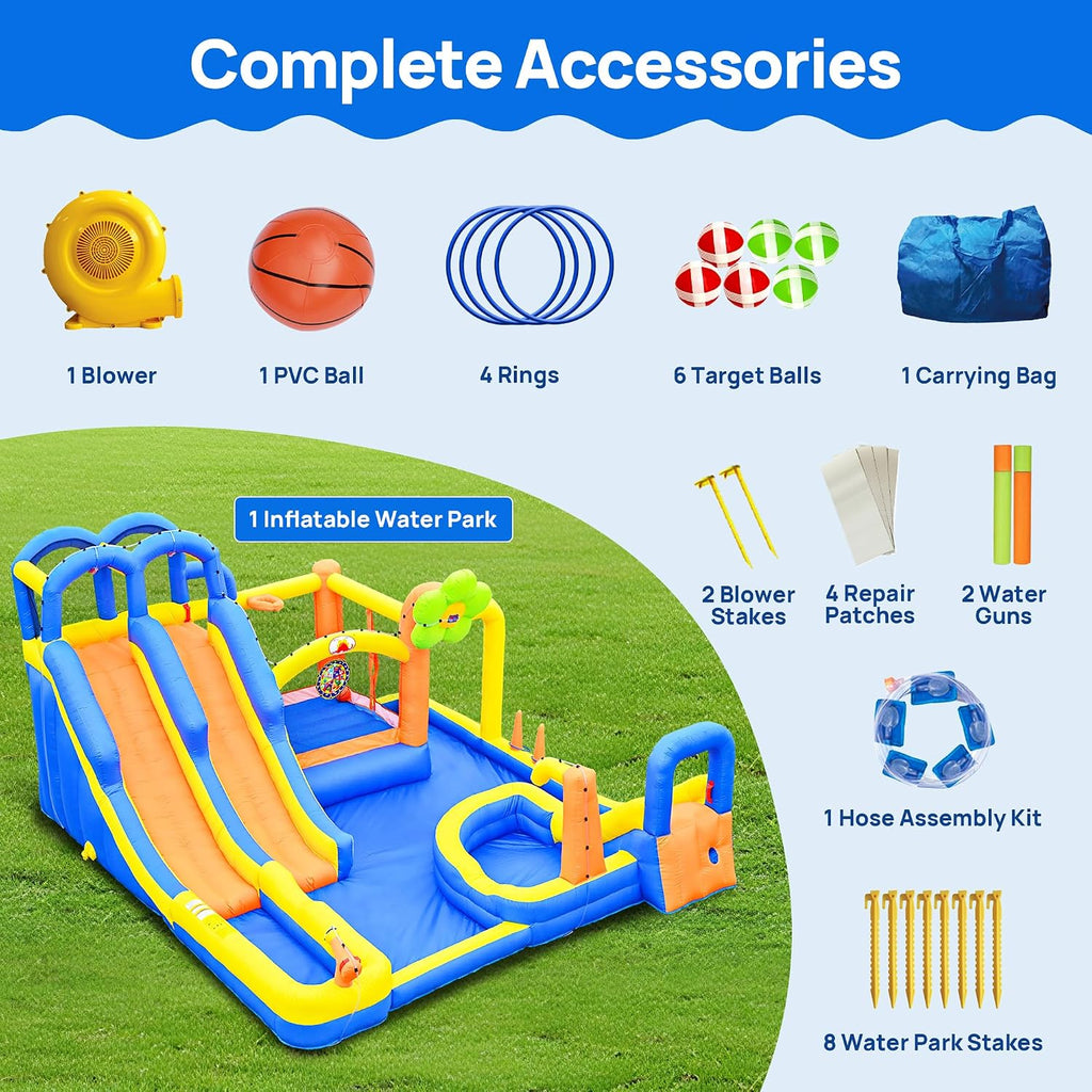 14 in 1 Inflatable Water Park with 3 Slides Bounce House, Dartboard, Ring Toss Game, 650W Blower, Backyard Waterslide