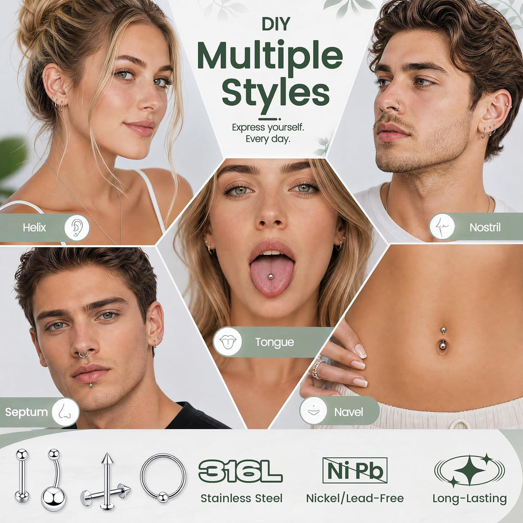Body Piercing Kit with Piercing Jewelry, Complete 91PCS Set