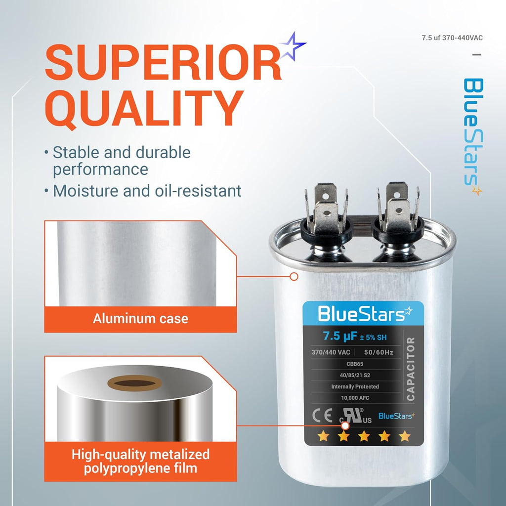 BlueStars 7.5 uF MFD 370 or 440 Oval Run Capacitor TP-CAP-80/5/440R