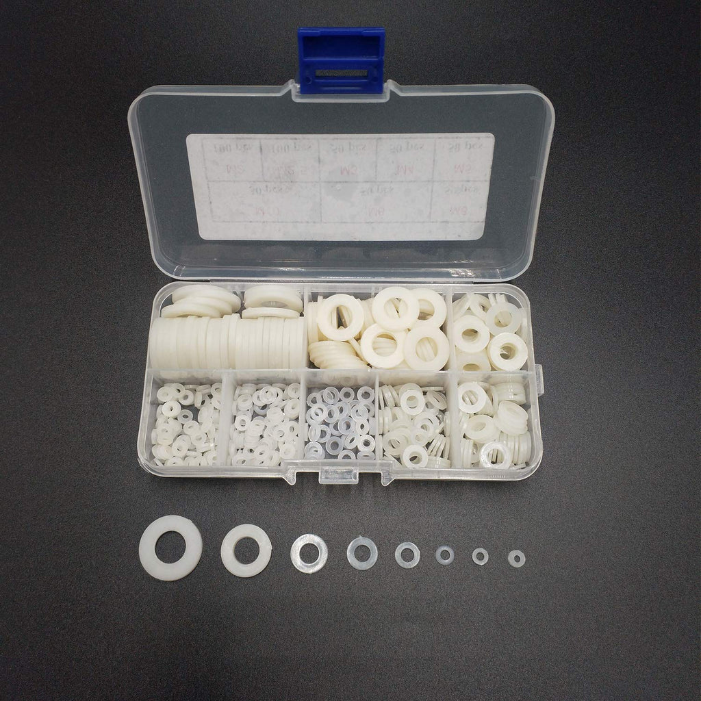 Clear Pack of 480 White Nylon Flat Washer Assortment Shim Kit for M2 M2.5 M3 M4 M5 M6 M8 M10 Screw Bolt, Round