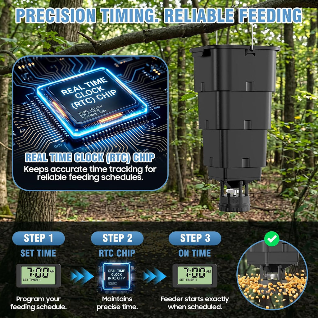 5 Gallon Hanging Deer Feeder with Accurate Timer, Automatic Game Feeder with 4 Programmable Feed Times, Collapsible