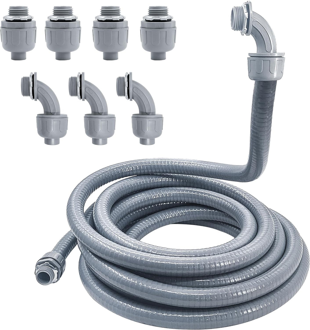 Liquid-Tight Conduit - 1/2inch 25 Foot Flexible Non Metallic Liquid Tight Electrical Conduit Kit, With 4 Straight and