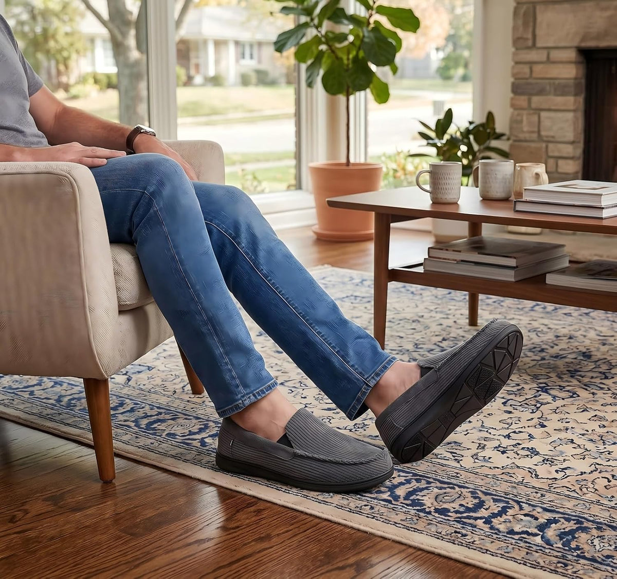 Men's Moccasin House Slippers Memory Foam Breathable Slip On Loafer Shoes Non Slip Indoor Outdoor