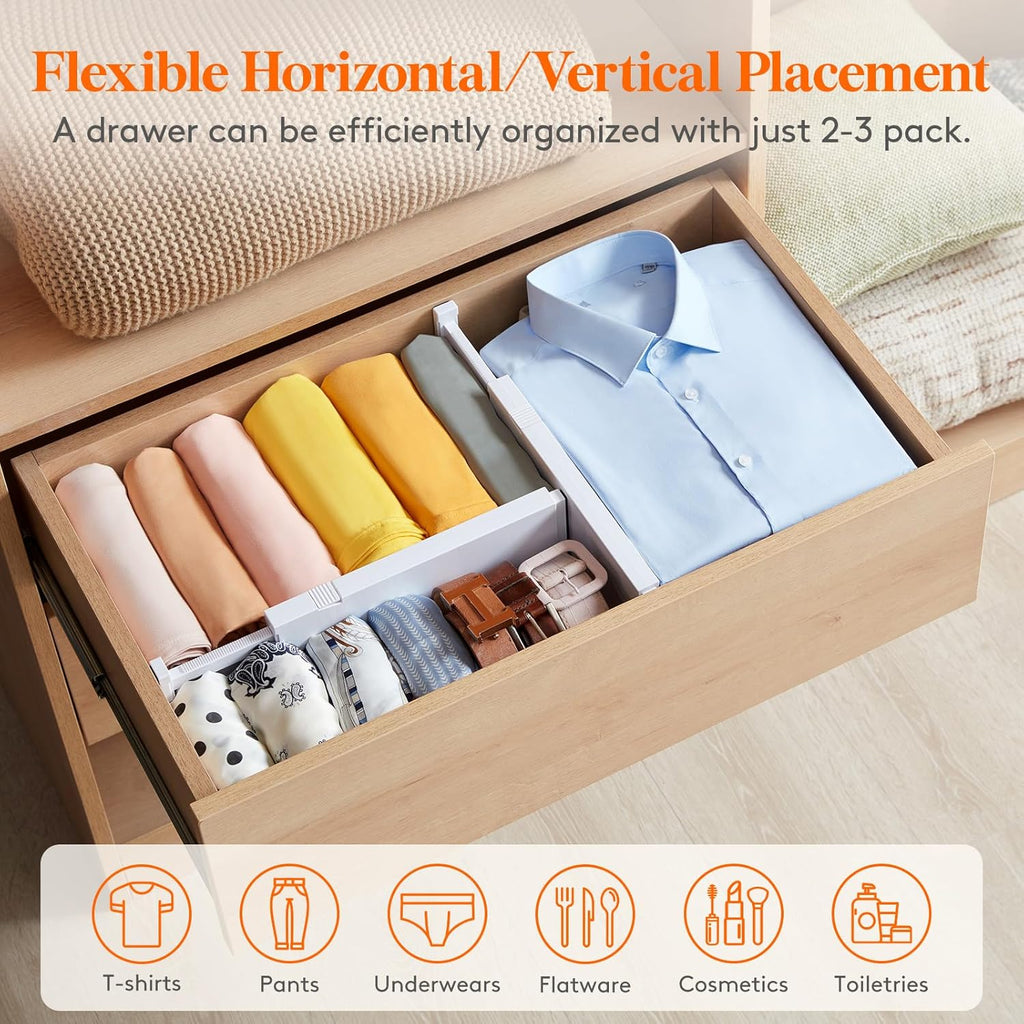 8 Pack Upgrade Drawer Dividers for Clothes, 4" High 11"-17" Adjustable Dresser Drawer Organizers, Expandable White