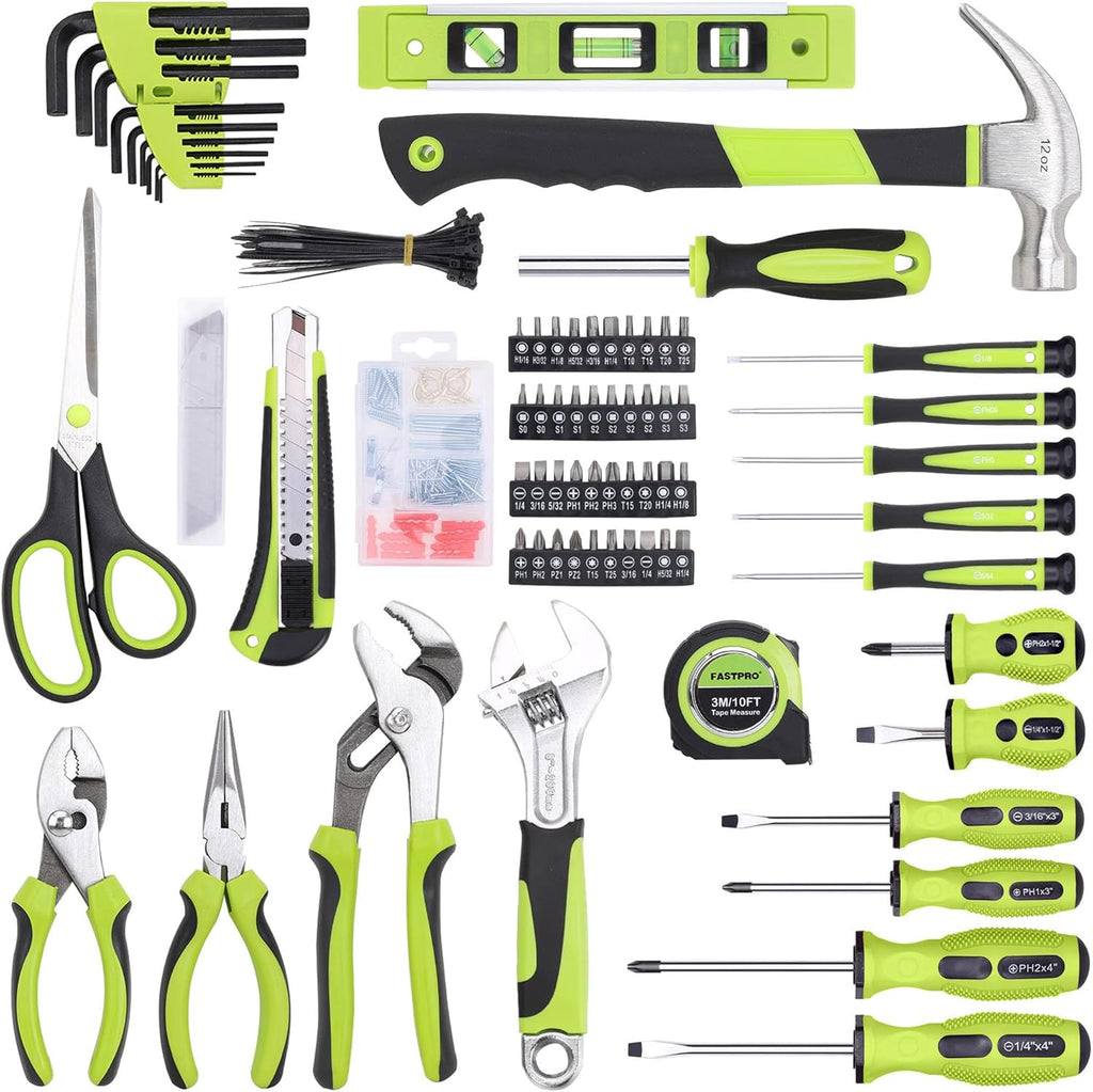 220-Piece Home Tool Set, Household Repairing Tool Kit, with 12-Inch Wide Mouth Open Storage Tool Bag, Green