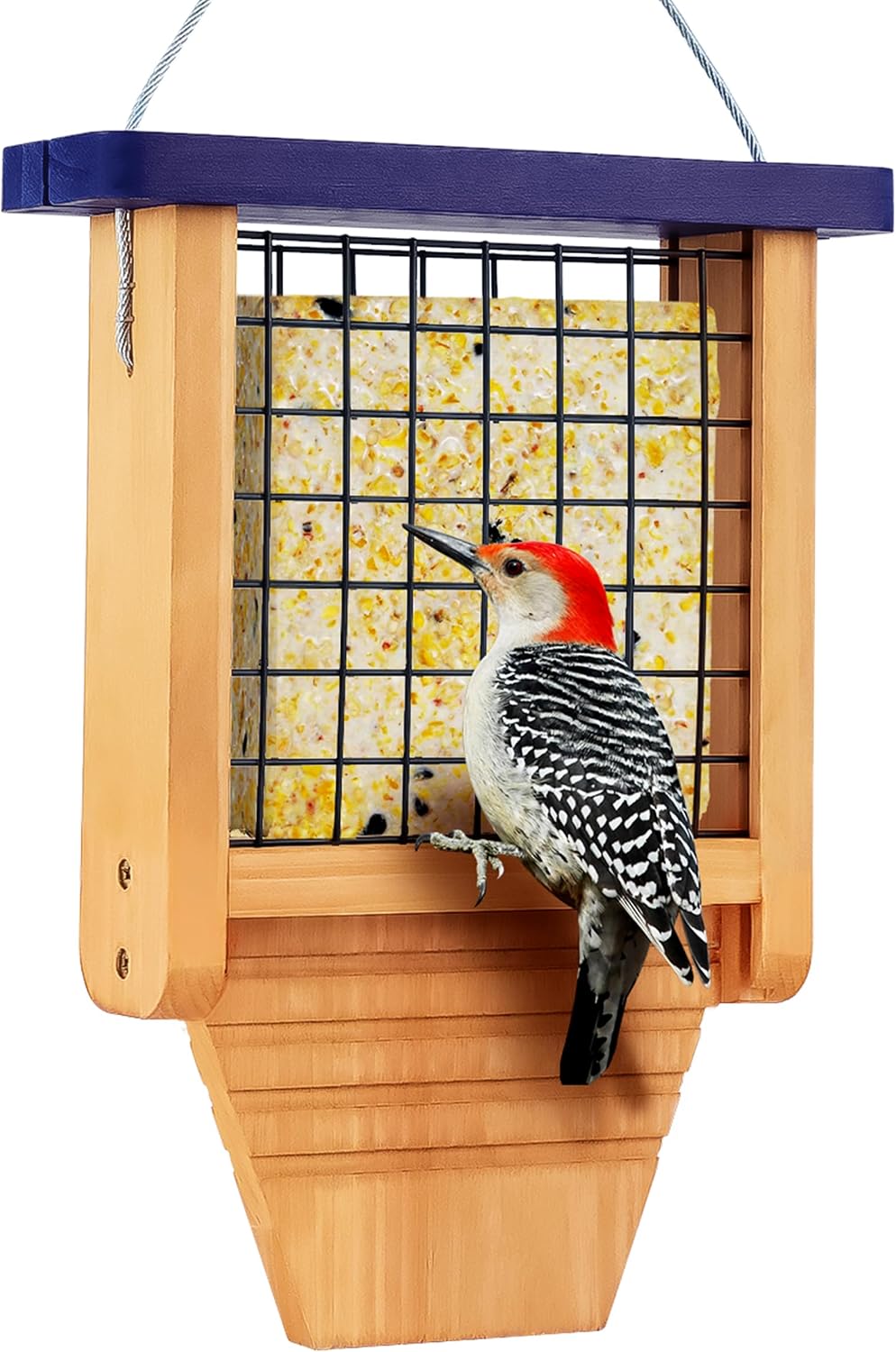 Wooden Suet Feeder with Tail Prop for Outside Hanging, Blue Roof