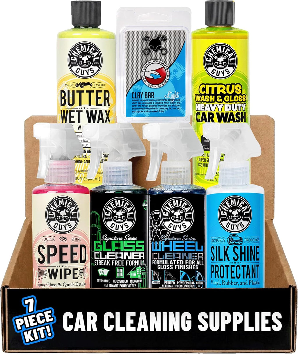 Starter Car Care & Cleaning Kit, 7-Piece Detailing Car Wash Kit with 6 Premium 16 oz Care Chemicals and Accessories