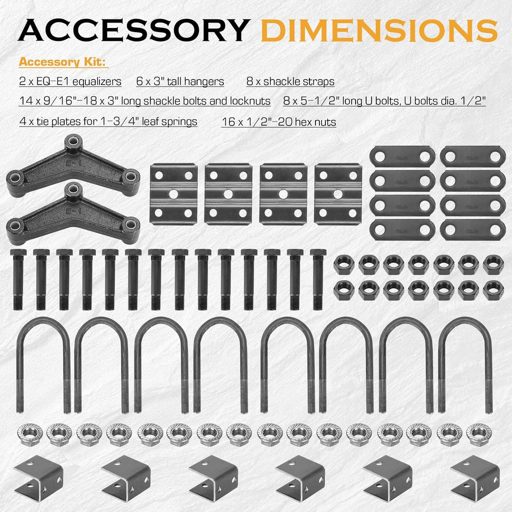 Tandem Trailer Leaf Spring 4 Leaf Double Eye 1750 lbs Cap for 3500 lbs Axle Suspension, Hanger & U-Bolt kit 25-1/4"