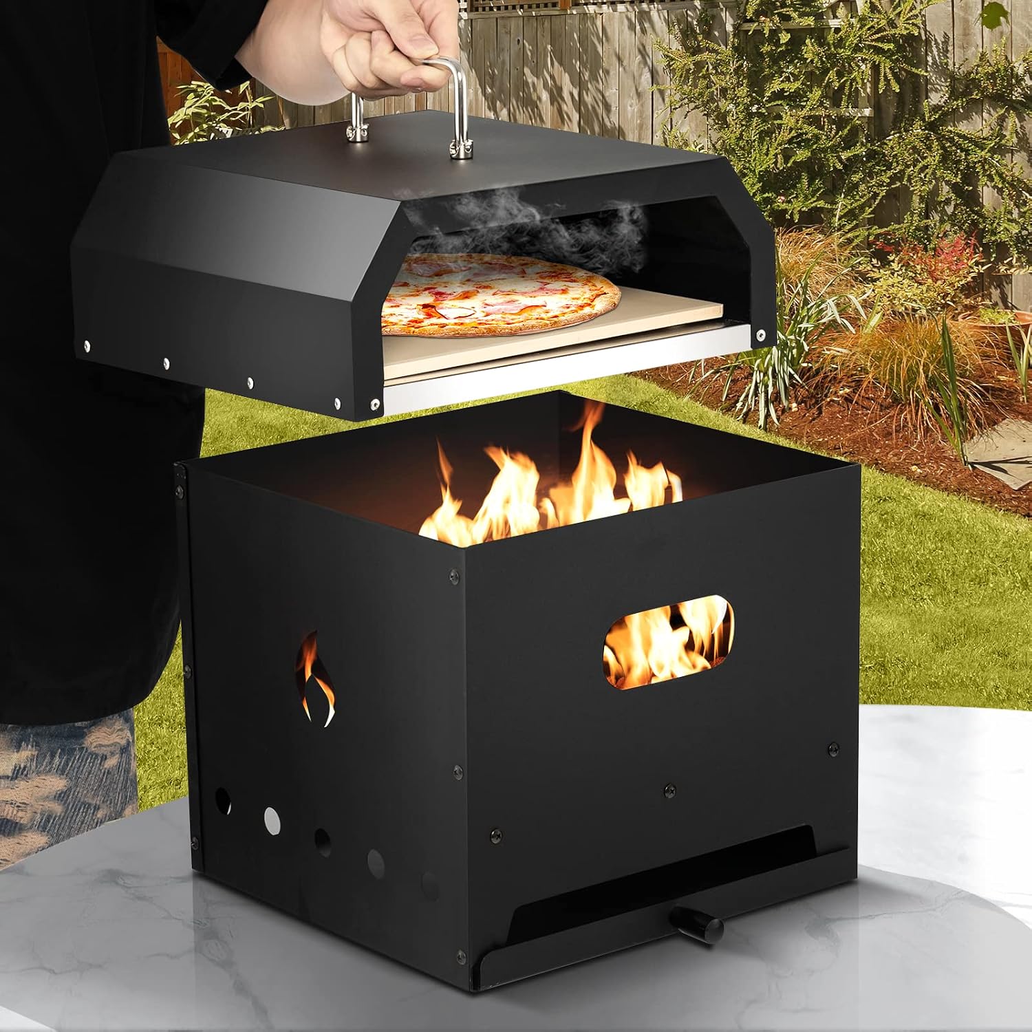 Pizza Oven Outdoor, 4-in-1 Wood Fired Pizza Oven and Grill Combo W/ 12" Pizza Stone, Pizza Peel, Water-Proof Cover &