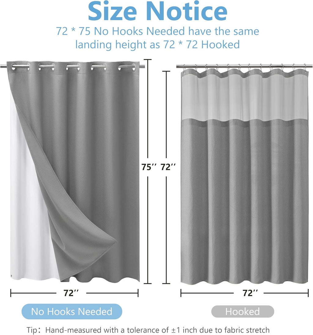 No Hook Waffle Weave Shower Curtain with Snap-in Fabric Liner,256GSM Heavy Duty Fabric Shower Curtain Set,Dark Grey
