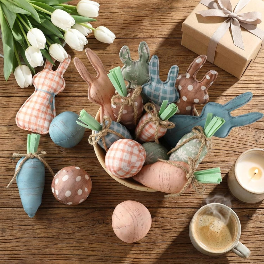 18 Pcs Rustic Easter Bunny Decorations Farmhouse Spring Fabric Bunnies Carrot Eggs Vase Filler Table Decor for Desk