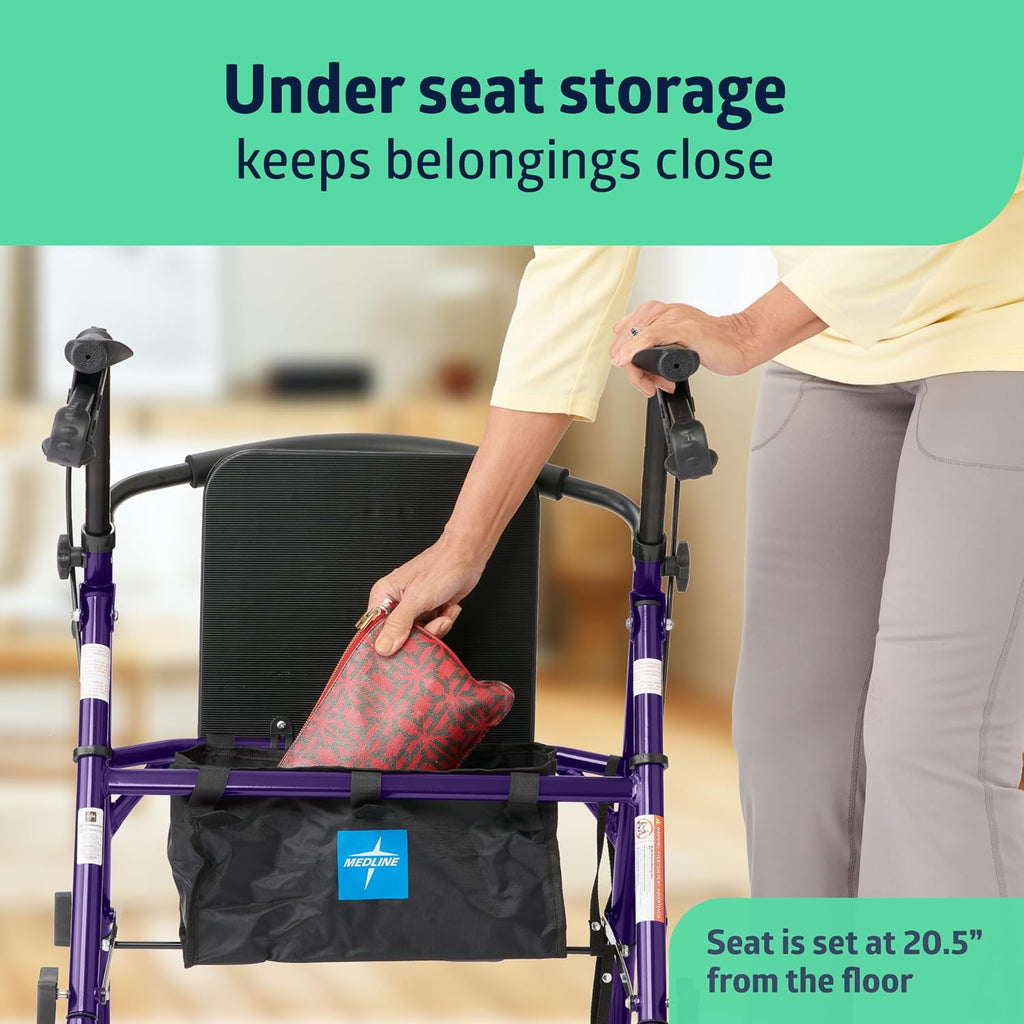 Aluminum Rollator Walker with Seat, Purple, 250 lb. Weight Capacity, Lightweight, 6” Wheels, Foldable, Adjustable