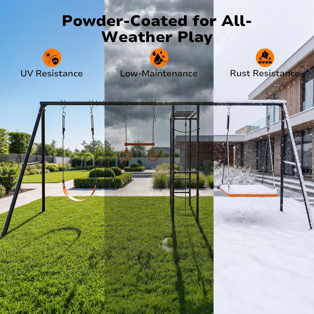 Swing Sets for Backyard with Monkey Bars, Belt Swing, Platform Swing, Climbing Net, Trapeze Bar, Outdoor Playset for